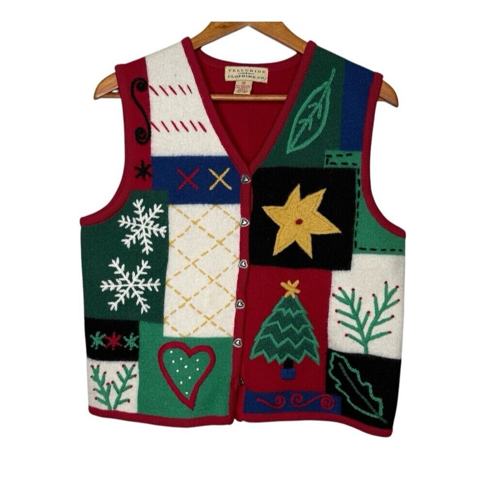 Vintage Telluride Womens Wool Holiday Vest Embroidery Sz M 3D Knit Patchwork